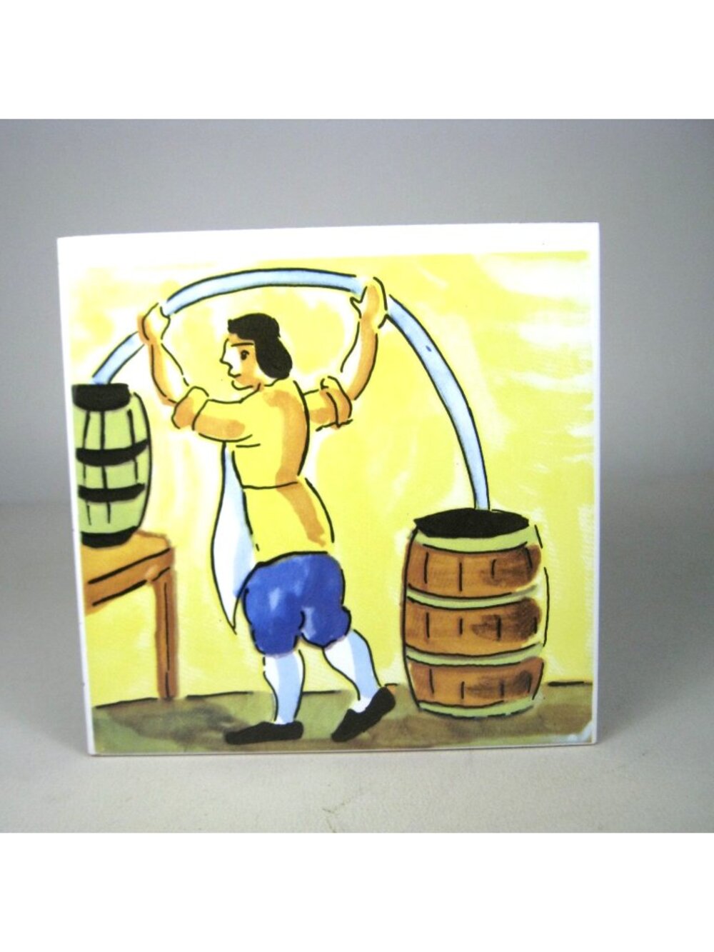 Vintage Hand Painted Ceramic Tile Traditional Barrel Scene 6 inch Spain Cooper